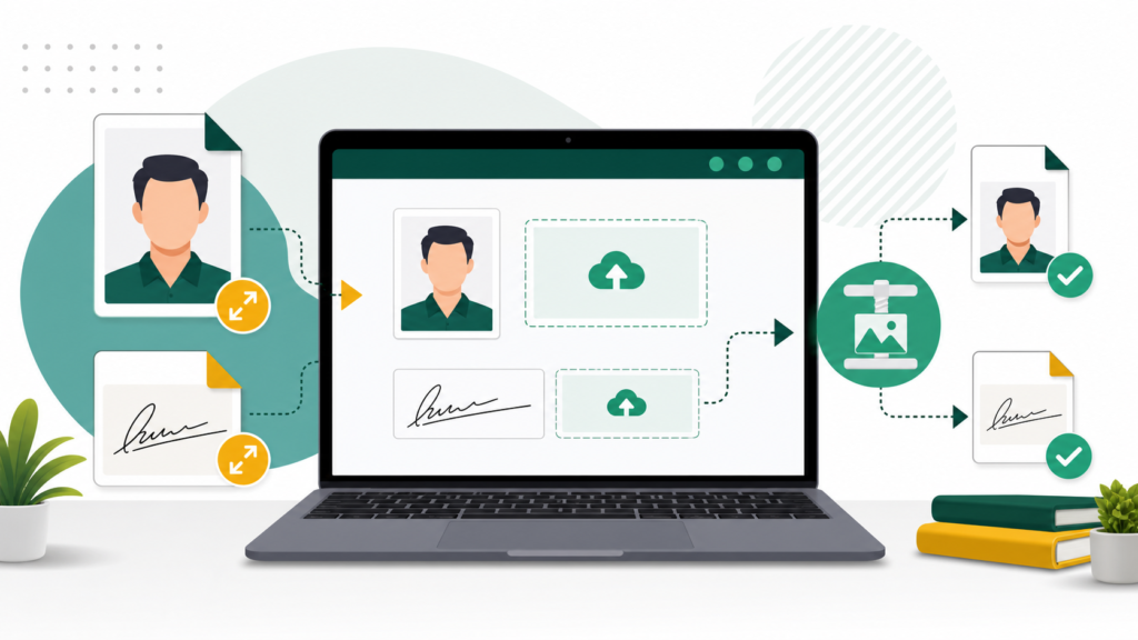 Illustration of resizing a passport photo and signature before uploading them to an online application form.