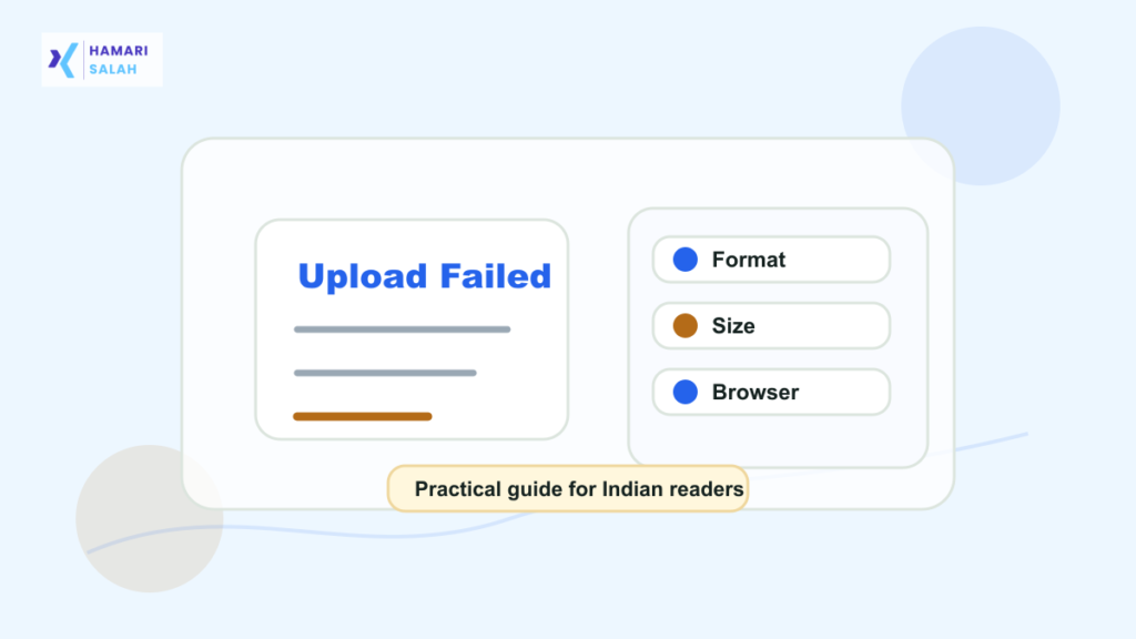 Illustration of a file upload failed error beside a troubleshooting checklist for online application portals.