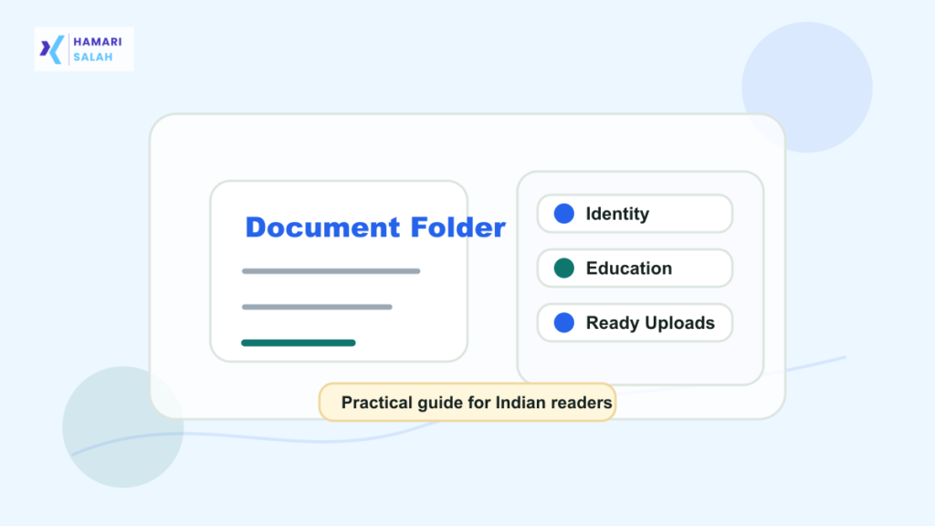 Illustration of organized cloud folders for marksheets, certificates, photos, and ready upload files.