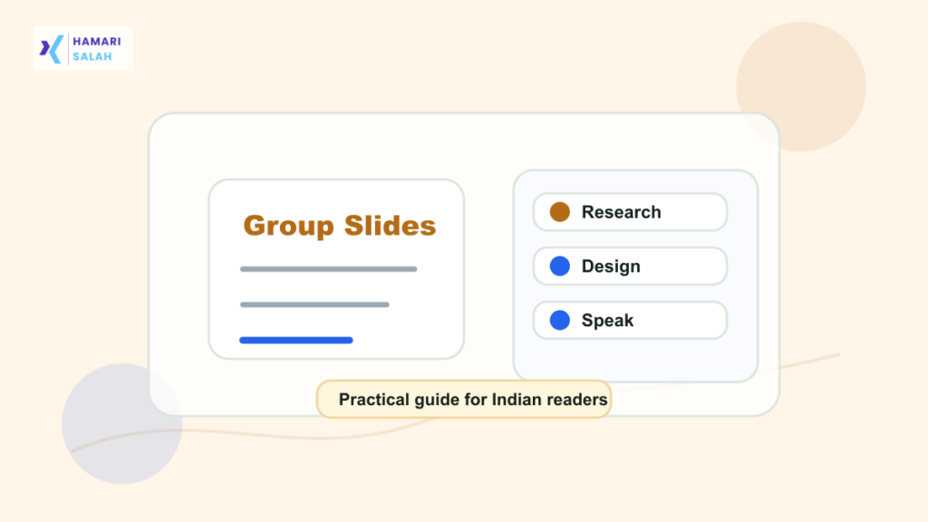 Illustration of students dividing group presentation slides, speaking time, and editing roles fairly.