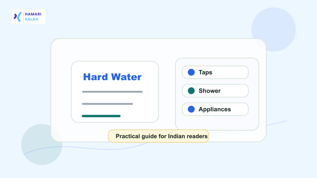 Illustration of hard water scale on a tap with a safe cleaning checklist for taps and appliances.