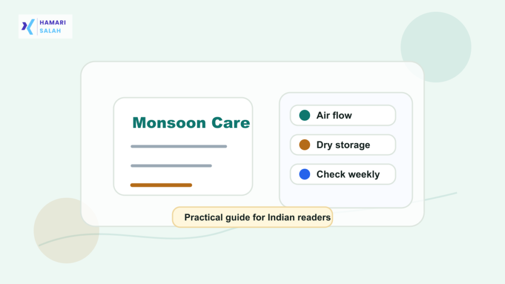 Illustration of a wardrobe with moisture absorber and organized clothes for preventing monsoon mold.