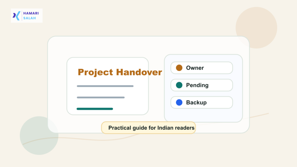 Illustration of a project handover email with owner, pending task, blocker, and deadline fields before long leave.