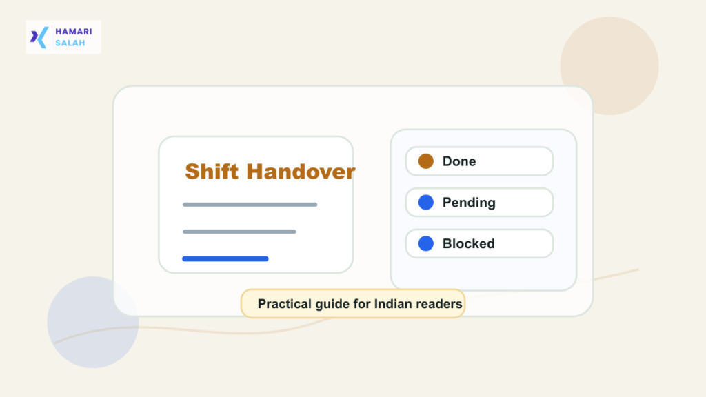 Illustration of a clean shift handover note with done, pending, blocked, and escalated sections.