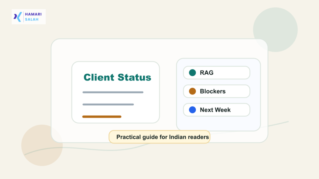 Illustration of a one-page weekly status report with RAG indicators, blockers, and next steps for clients.