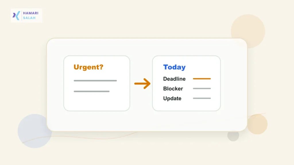 Illustration of urgent workplace tasks being sorted into a practical daily priority list.