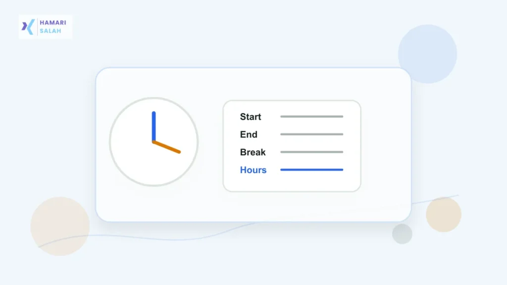 Illustration of a clock and timesheet for calculating productive work hours.