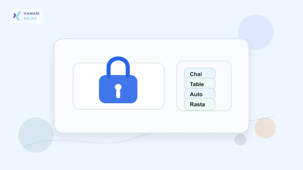Illustration of a secure password lock and passphrase cards for safer online account habits.